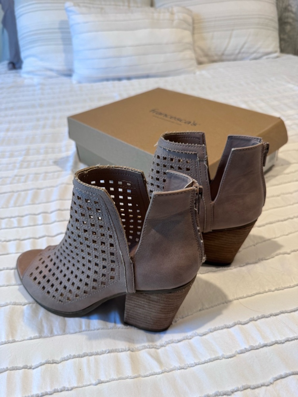 Francesca's Collections Taupe Open-Weave Peep-Toe Booties